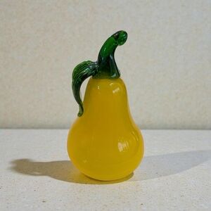 Yellow Glass Pear Figurine with Green Leaf